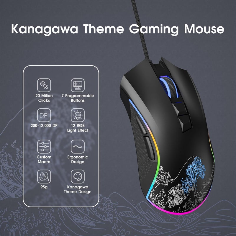 HITIME XVX Wired Gaming Mouse, 12000 DPI RGB Mouse with 12 Backlit Modes & 7 Macro Buttons, Gaming Mice Support DIY Keybinding, Gamer Computer Mice for Laptop PC Mac Windows, Wave - Image 1
